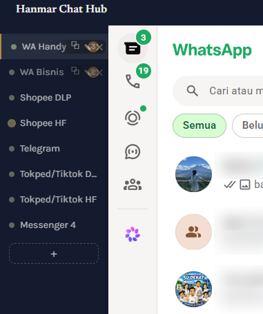 Sidebar Hanmar Chat Hub menampilkan beberapa akun WhatsApp, Shopee, Telegram, Tokopedia, dan Messenger sekaligus